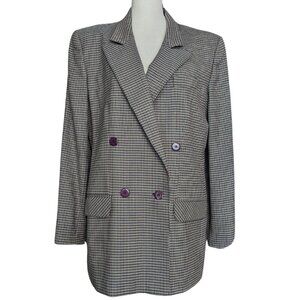 80s VTG Multicolor Houndstooth Double Breasted Wool Oversized Blazer Sz 10
